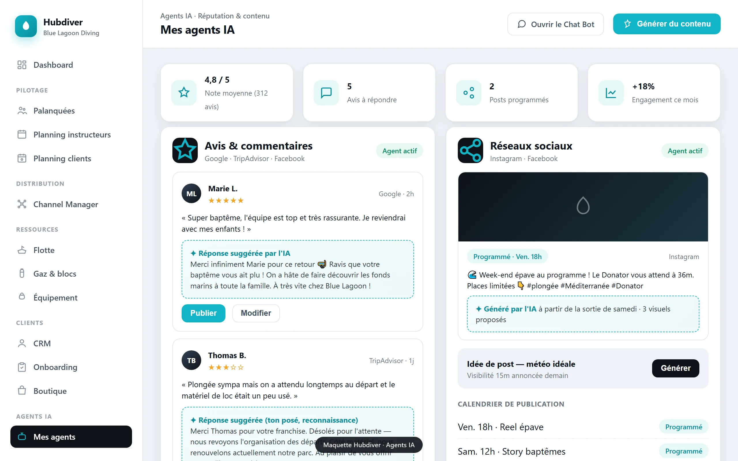 Écran des agents IA d'e-réputation de Hubdiver : avis Google et TripAdvisor, réponses et posts suggérés